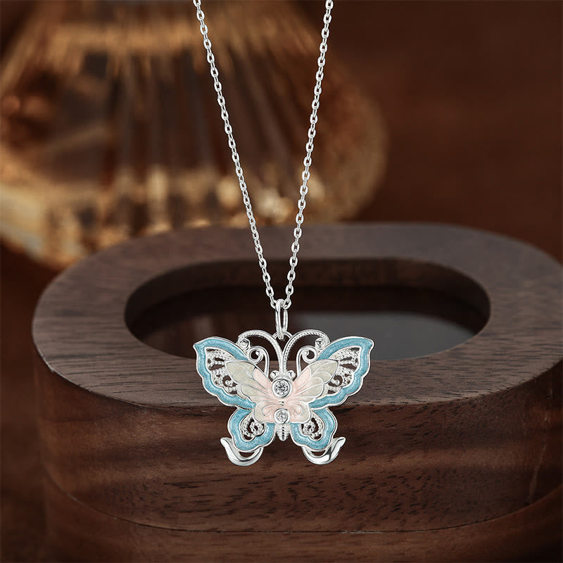 Buddha Stones 999 Sterling Silver Butterfly Blue Enamel Protection Necklace Pendant