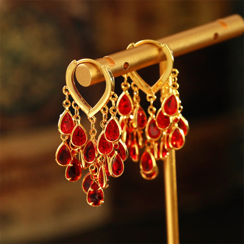 Buddha Stones Red Water Droplet Tassel Healing Copper Hoop Earrings