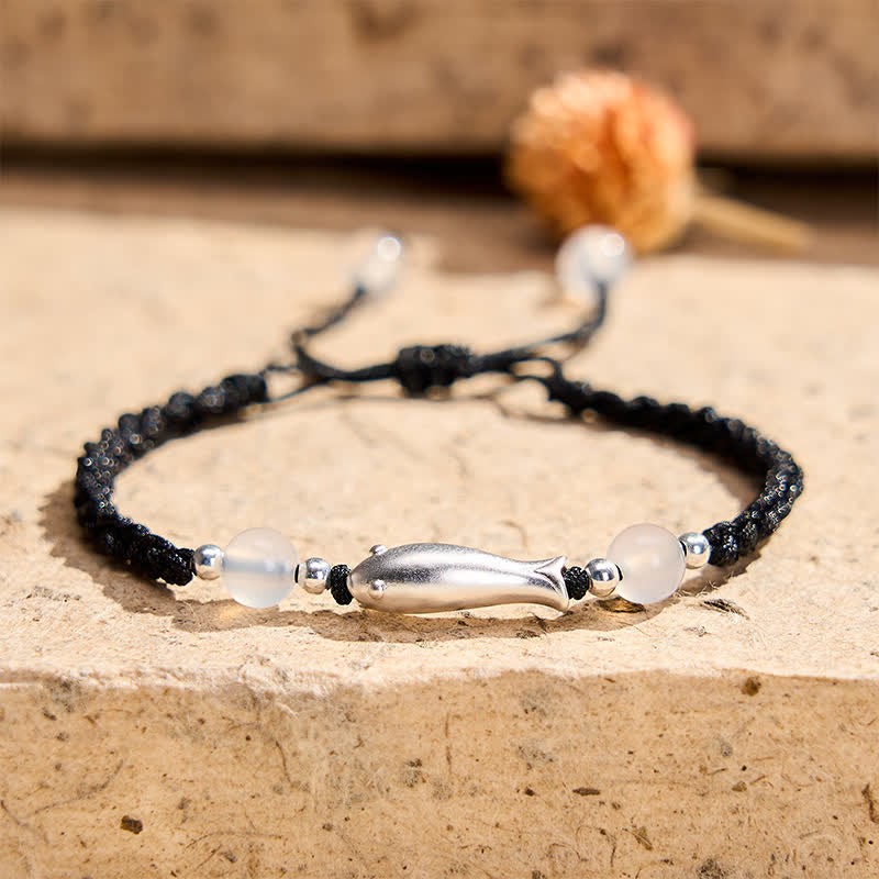 Buddha Stones 999 Sterling Silver Koi Fish White Agate Braided Rope Protection Bracelet