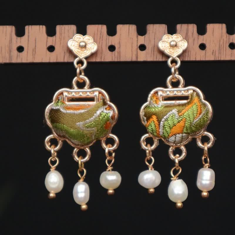 Buddha Stones Song Brocade Handcrafted Silk Art Peace Lock Pearl Protection Drop Earrings