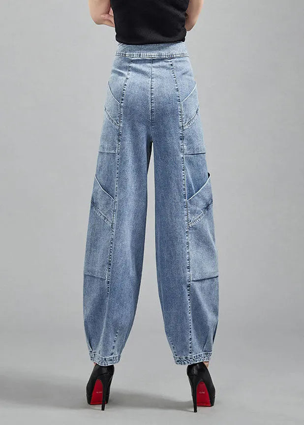 Light Blue Pockets Patchwork Cotton Denim Lantern Pants Trousers Spring