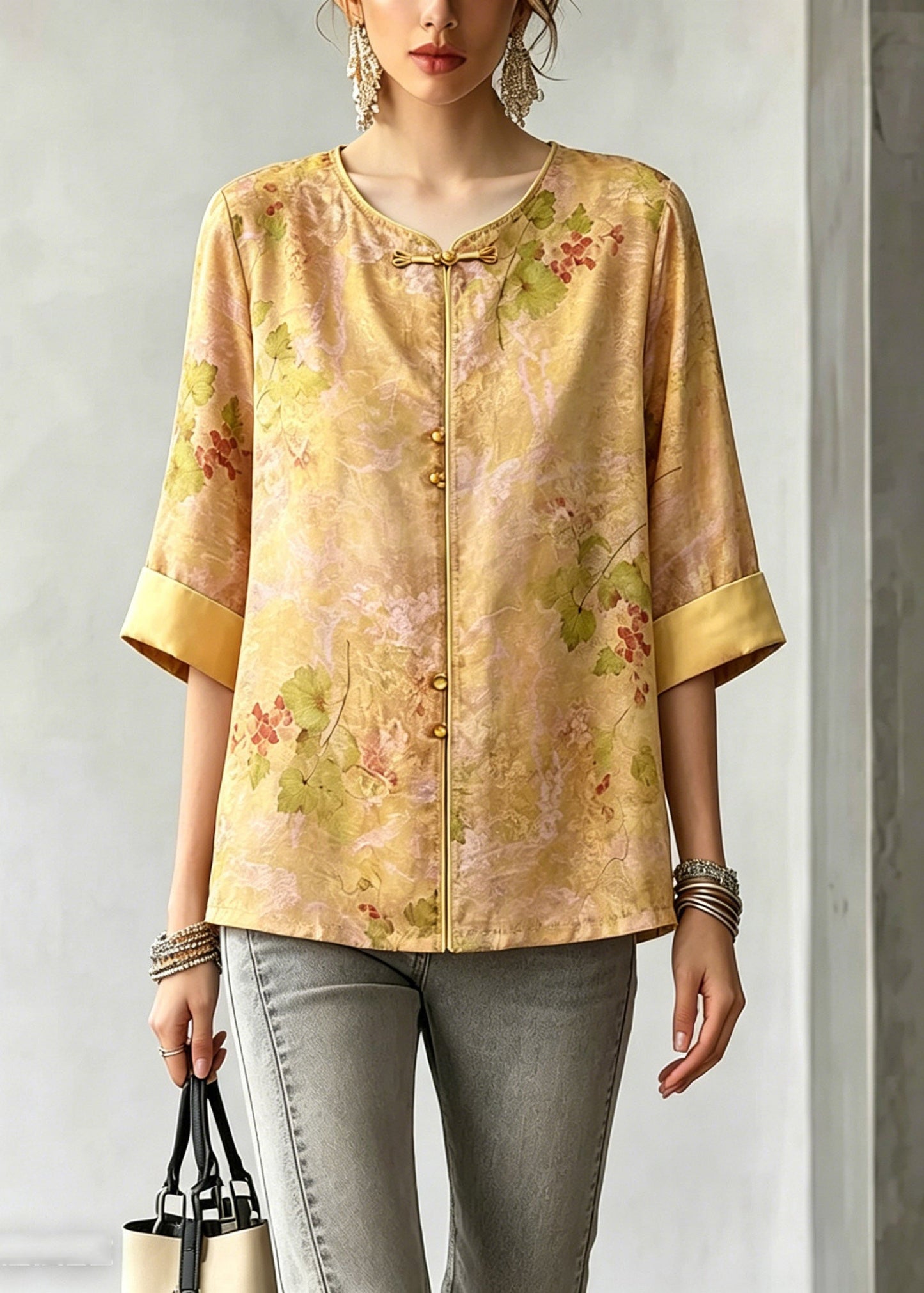 Yellow O-neck Print Shirt Three Quarter Sleeve