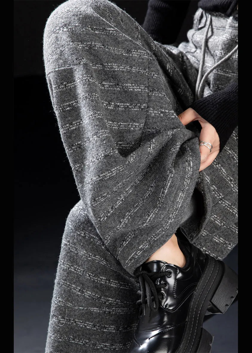 Grey Pockets Striped Woolen Wide Leg Pants Winter