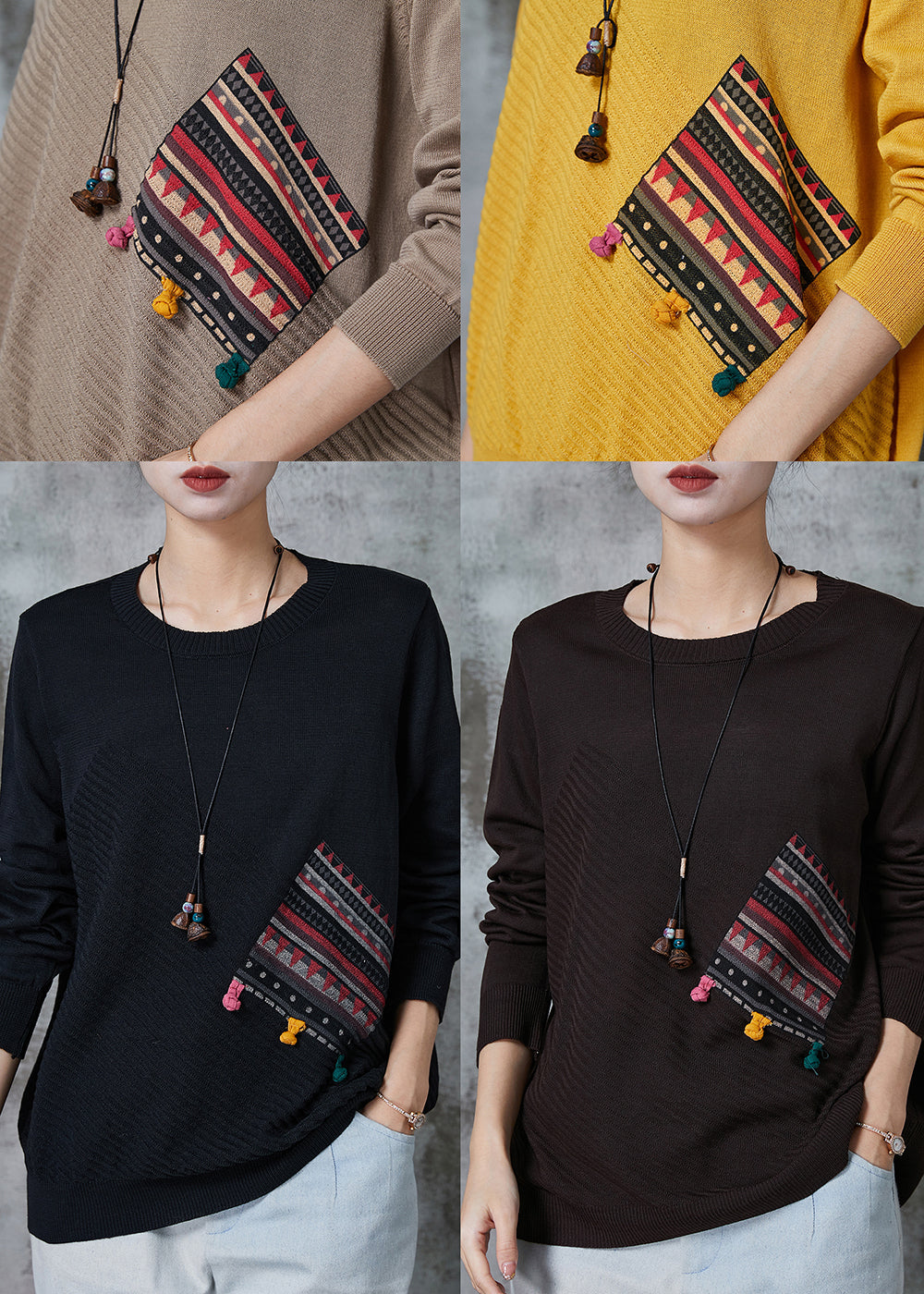 Chocolate Patchwork Knit Loose Sweaters O-neck Spring