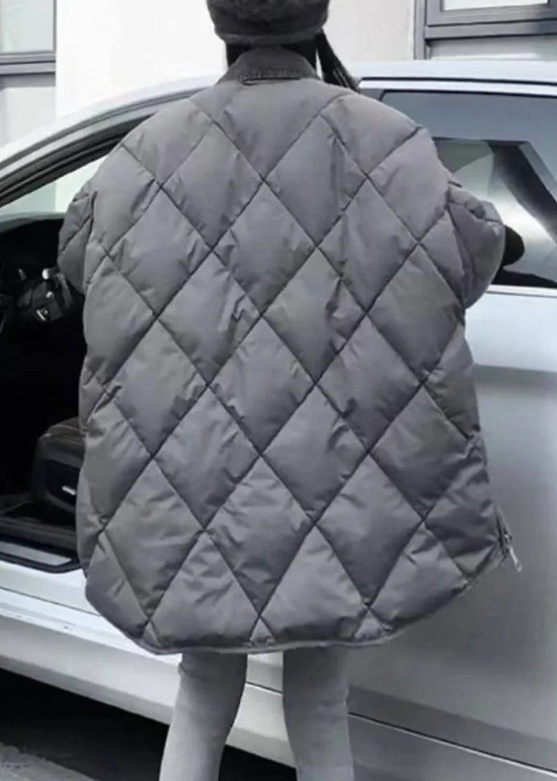 Boutique Grey Peter Pan Collar Pockets Plaid Zippered Puffers Jackets Winter