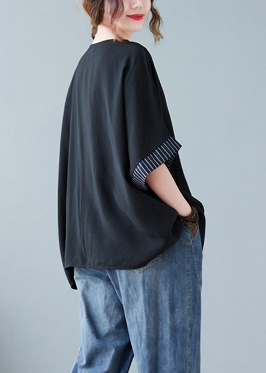 Novelty Black O-neck Striped Patchwork Button Cotton T Shirts Half Sleeve