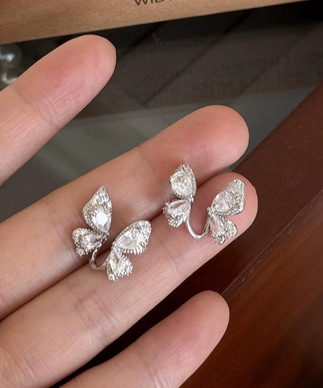 Stylish Silk Sterling Silver Zircon Butterfly Stud Earrings