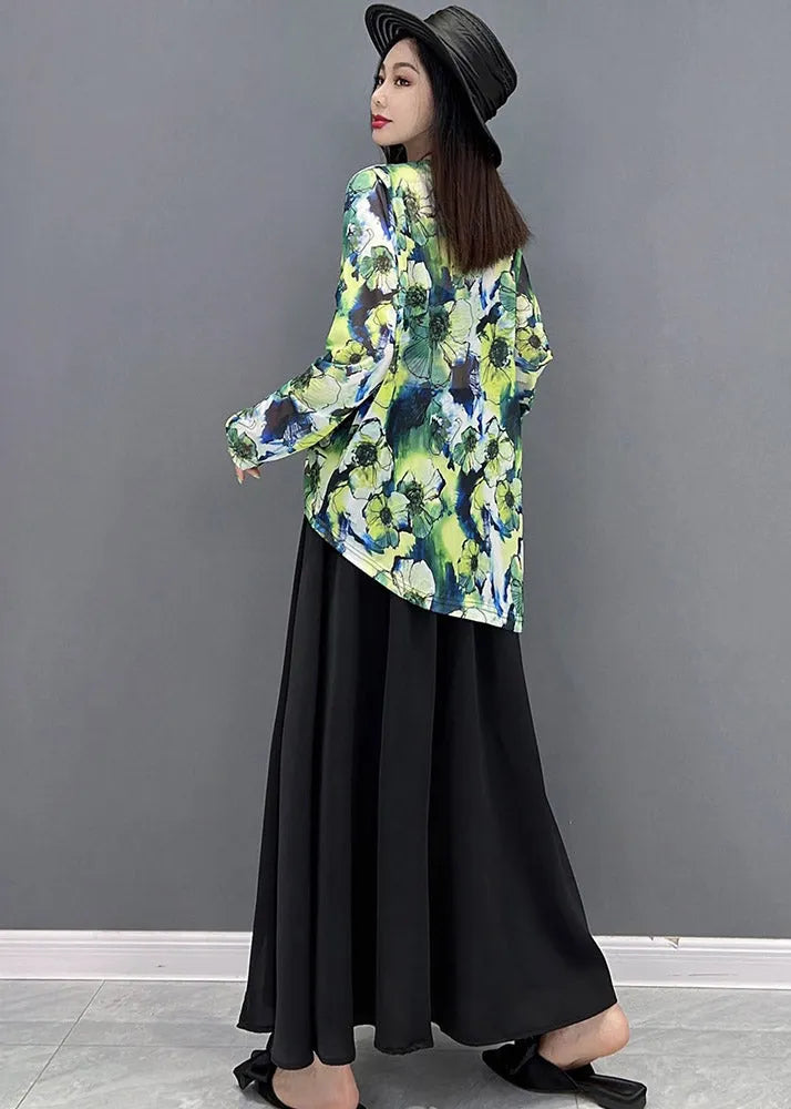 Natural Green V Neck Print Top and Maxi Skirts Two Pieces Set Summer