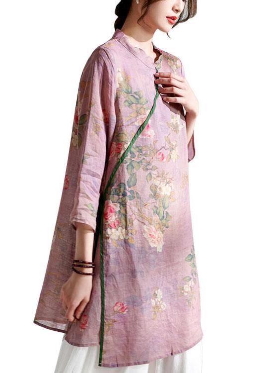 Light Purple Print Tie Waist Asymmetrical Design Spring Summer Ramie Shirt
