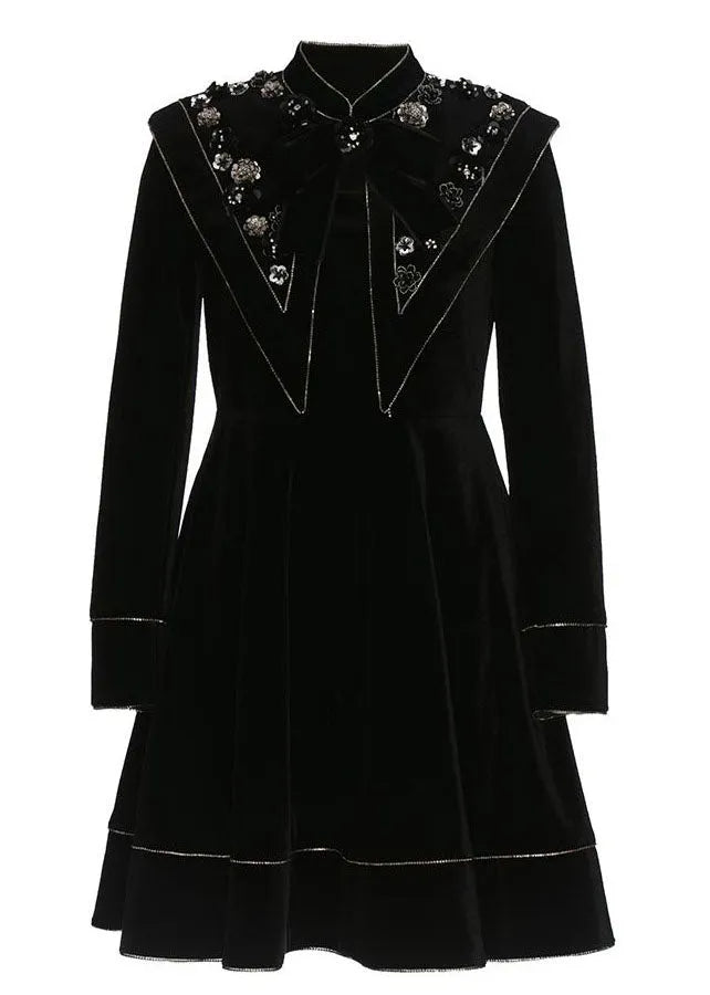 French Black Stand Collar Nail Bead Zircon Velour Dress Spring