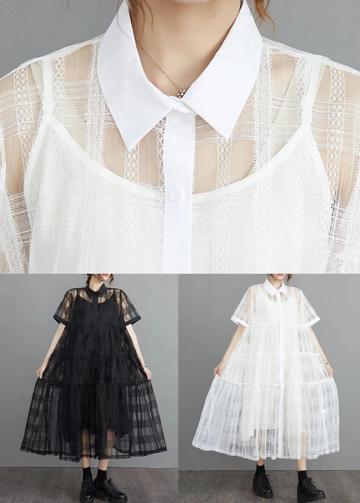 French Black Button Tulle Two Piece Set Short Sleeve