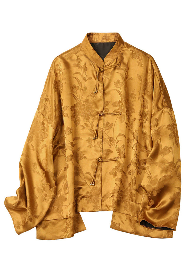 Yellow Mandarin Collar Button Asymmetrical Design Jacquard Silk Top Long Sleeve