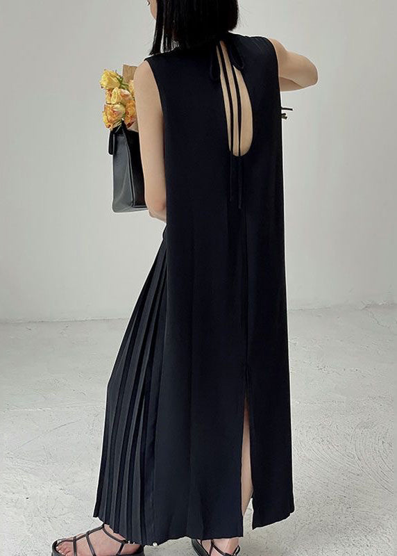 Black O-neck Wrinkled Chiffon Long Dress Summer