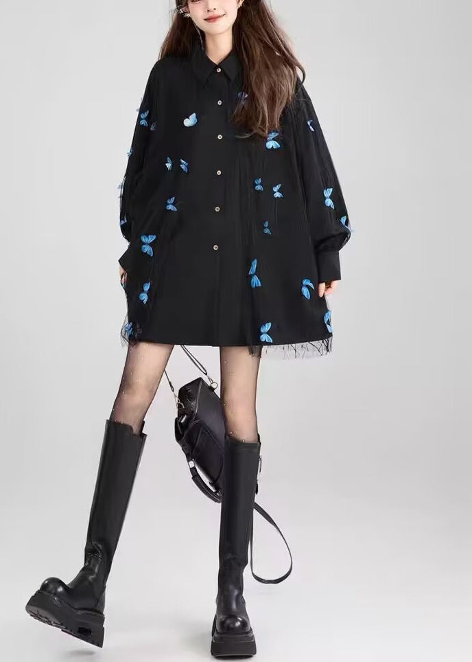 Black Peter Pan Collar Butterfly Lace Patchwork Cotton Shirt Fall