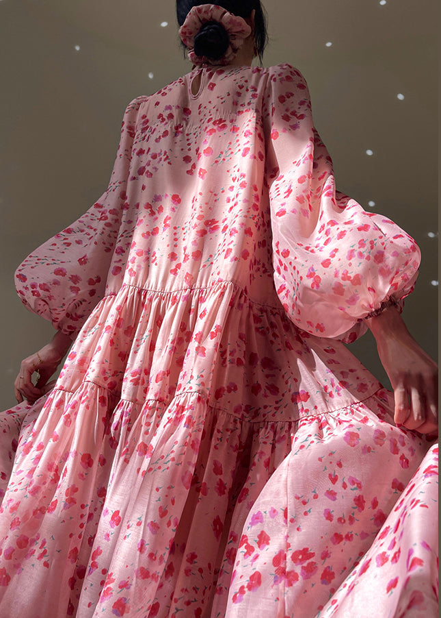 Pink O-neck Print Silk Long Dresses Spring