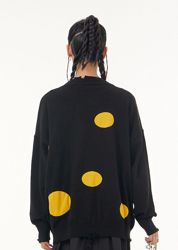 Yellow Dot O Neck Patchwork Knit Sweaters Tops Spring