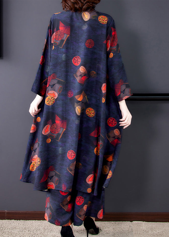 French Black Asymmetrical Print Chiffon Shirt and Wide Leg Pants Two Pieces Set Summer