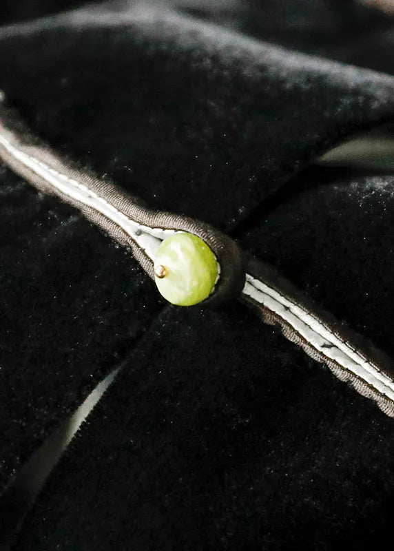 Chinese Style Black Stand Collar Embroideried Patchwork Velour Coats Long Sleeve