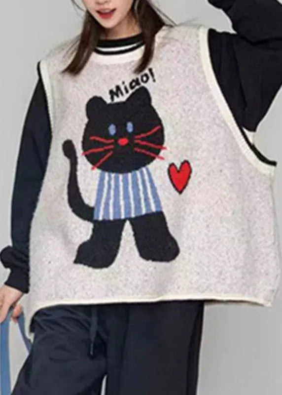 Loose Light Grey O-neck Animal Cozy Cotton Knit Waistcoat Fall