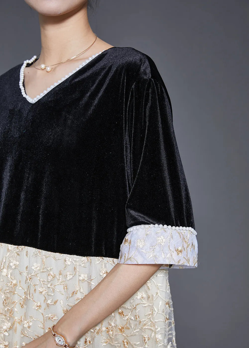 Black V Neck Patchwork Lace Silk Velour Long Dresses Half Sleeve
