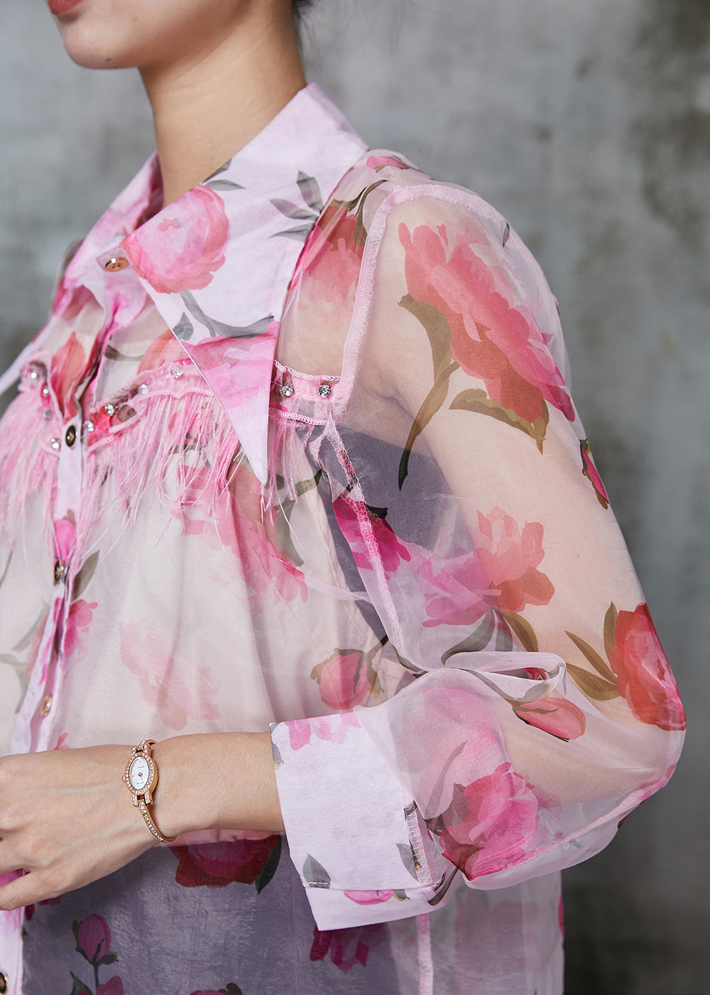 Style Pink Tasseled Print Chiffon Upf 50+ Shirt Two Piece Set
