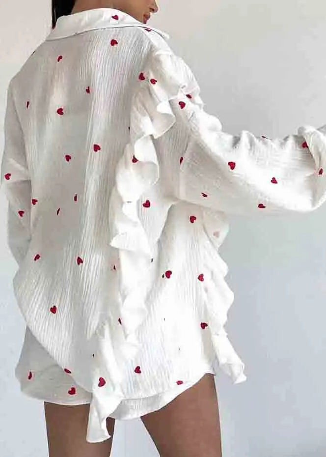 Italian White Ruffled Love Print Cotton Pajamas Two Pieces Set Summer