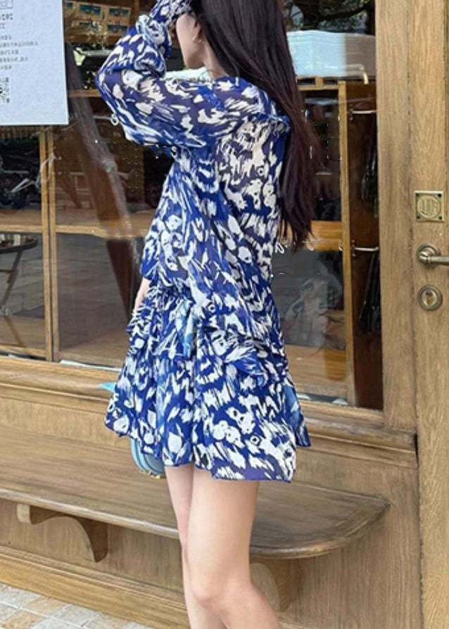 Stylish Blue Print Shirts and Skirts Cotton Two Pieces Set Summer