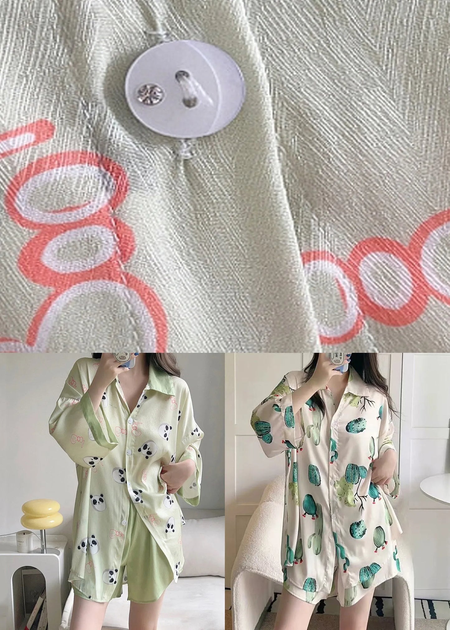 Beige Button Print Ice Silk Pajamas Two-piece Set Peter Pan Collar Spring