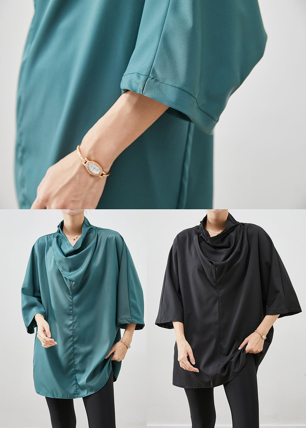 Blackish Green Turtle Neck Silk Shirt Bracelet Sleeve