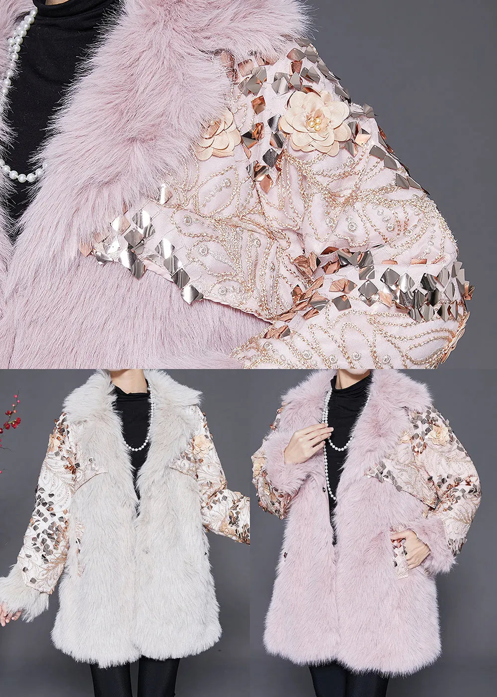 Italian Beige Patchwork Faux Fur Coat Winter