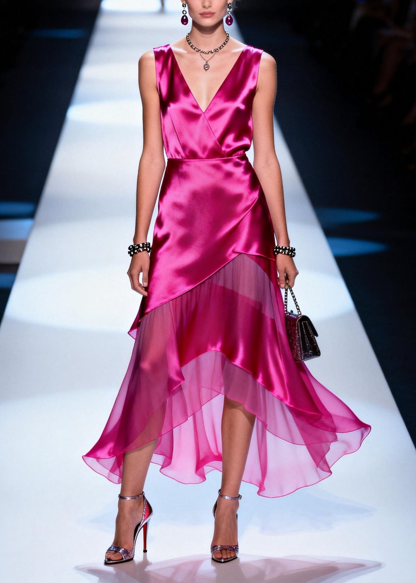 New Rose V Neck Asymmetrical Patchwork Chiffon Dresses Summer