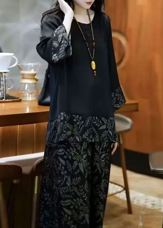 French Black O Neck Print Patchwork Silk Two-piece Set Fall