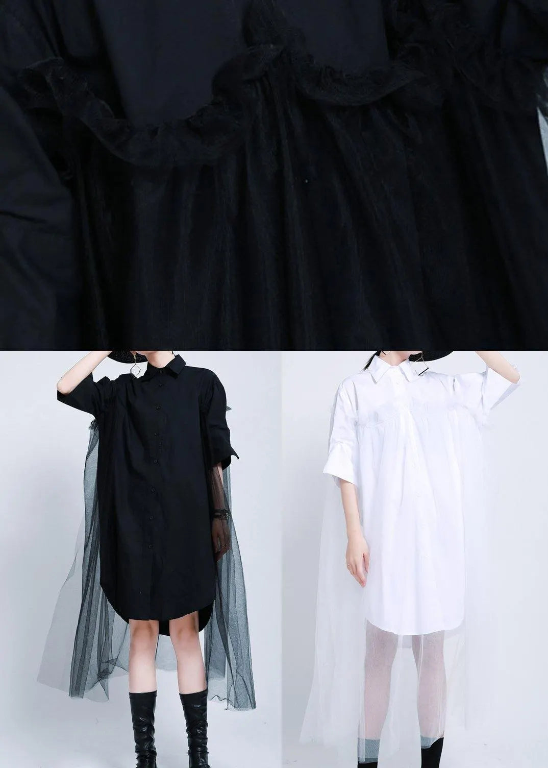 Loose Black Patchwork Lace Shirts Summer Cotton Dress