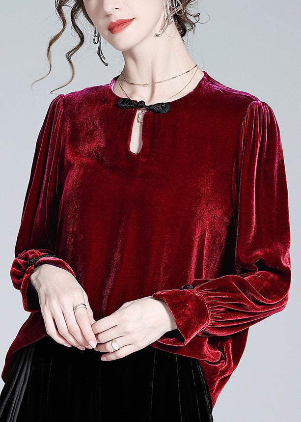 Loose Green Button Silk Velour Top Winter