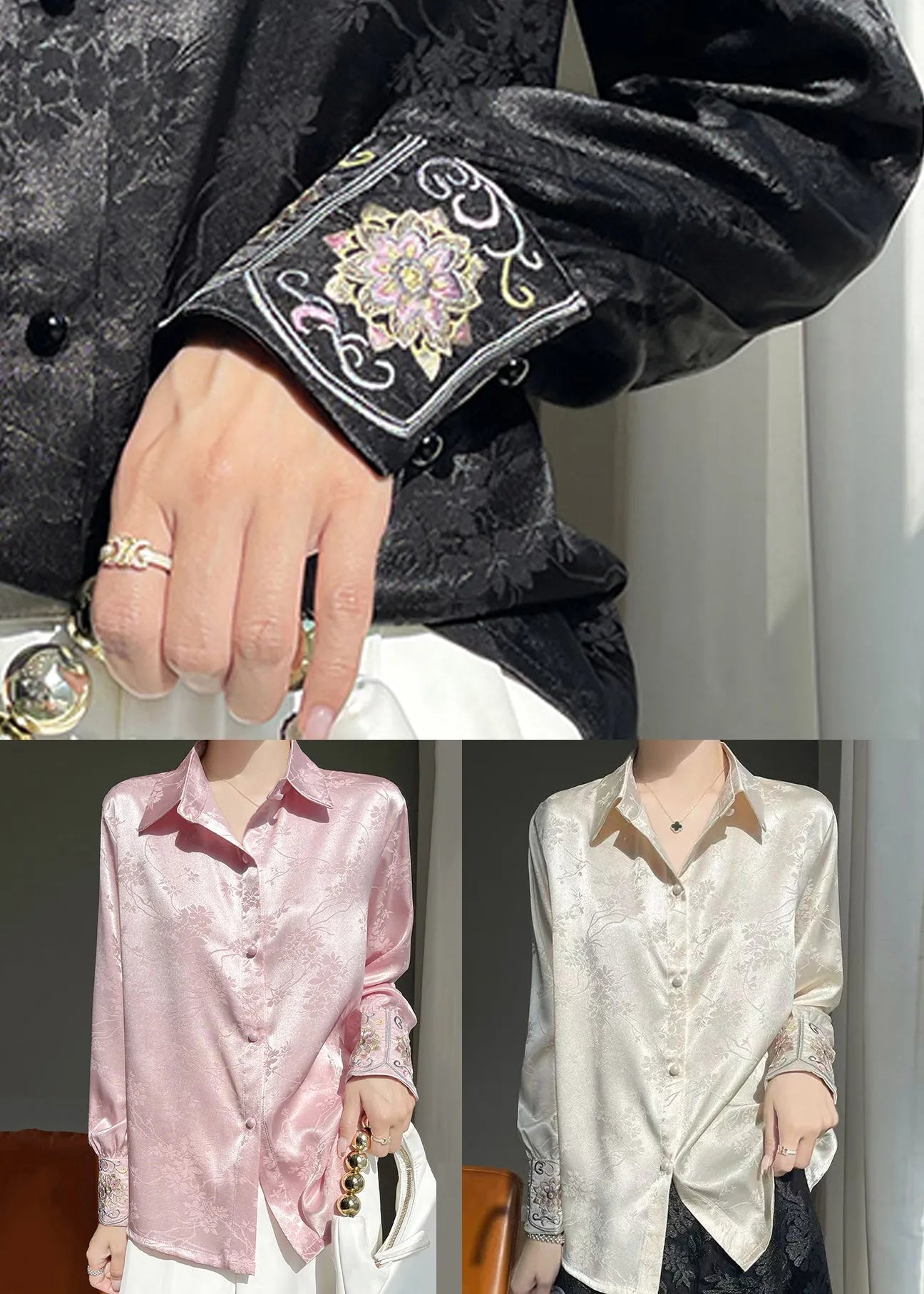 Fine Pink Peter Pan Collar Embroidered Silk Blouse Fall