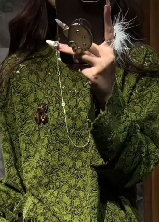 Green O Neck Hollow Out Lace T Shirts Fall