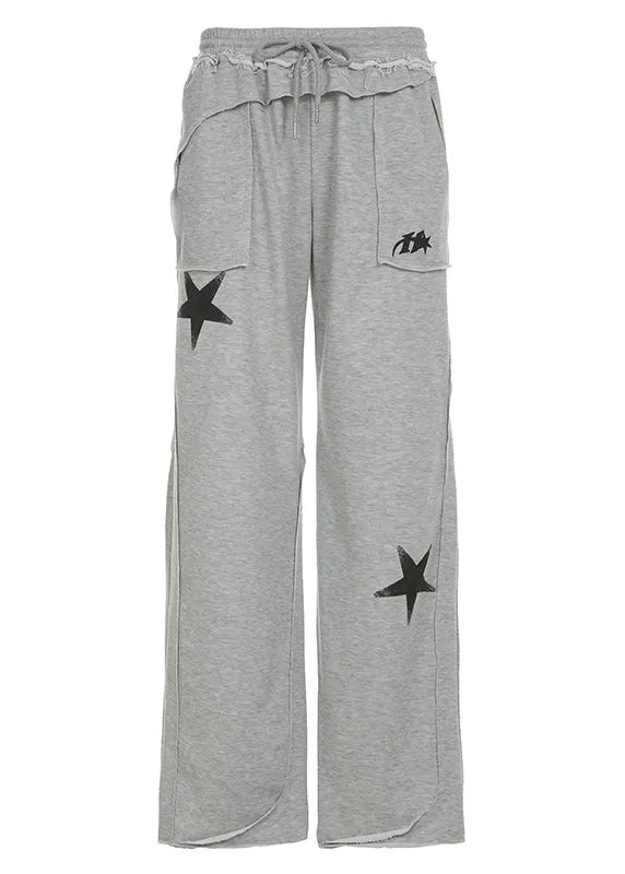 Grey Five Pointed Star Print Cotton Straight Pants Spring