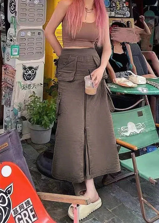 Chocolate Zip Up Pockets Silk a Line Skirt Fall