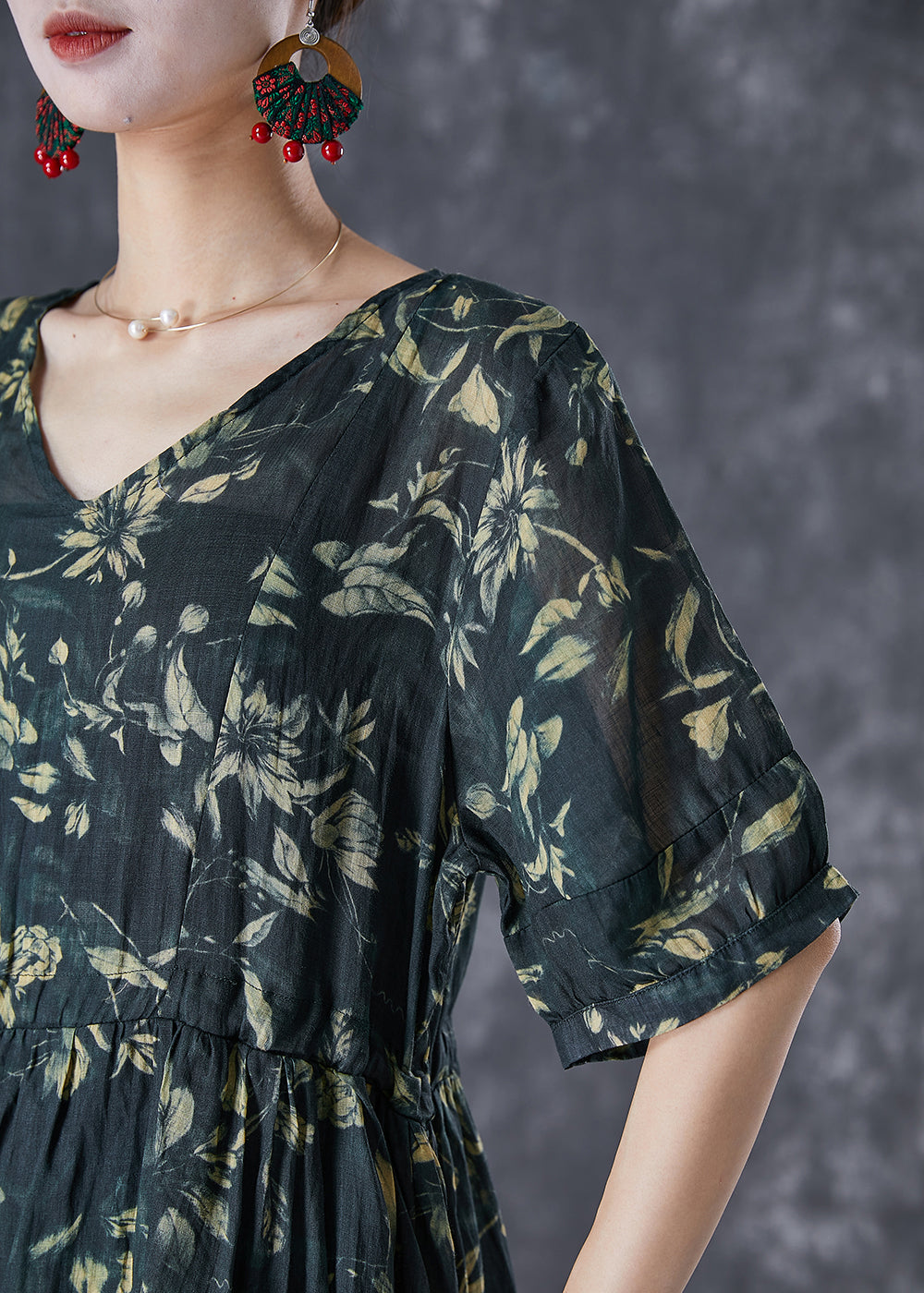 Blackish Green Cinched Print Linen Maxi Dress Summer