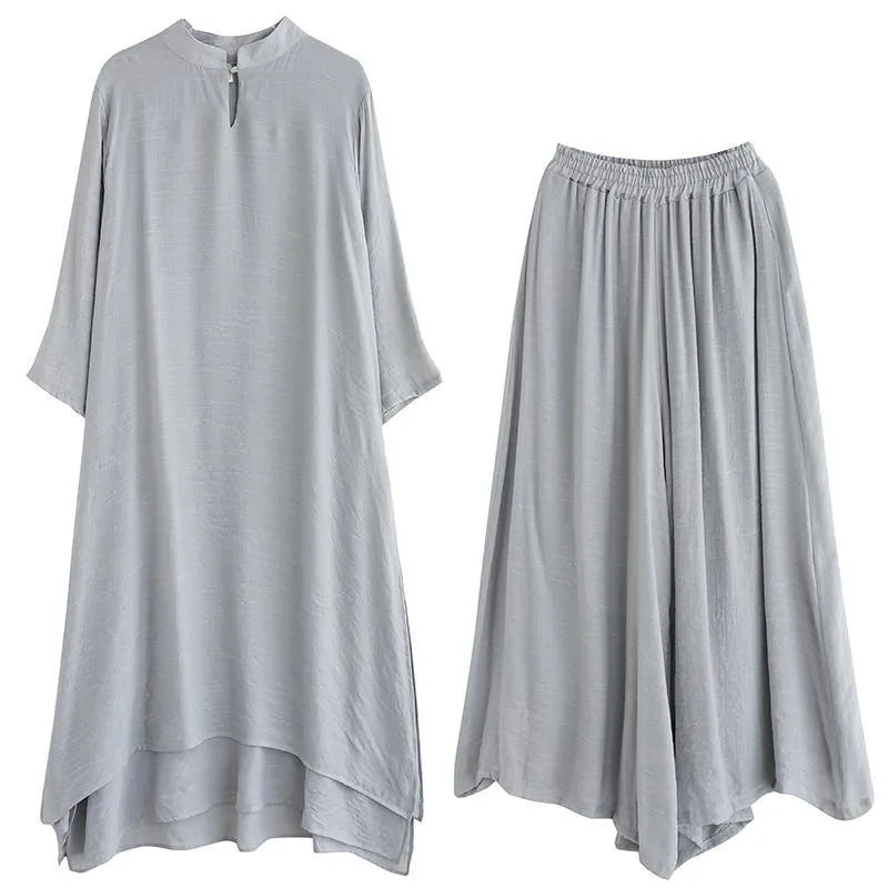 Spring Gray Medium Length Dress Wide Leg Pants Two Piece Set