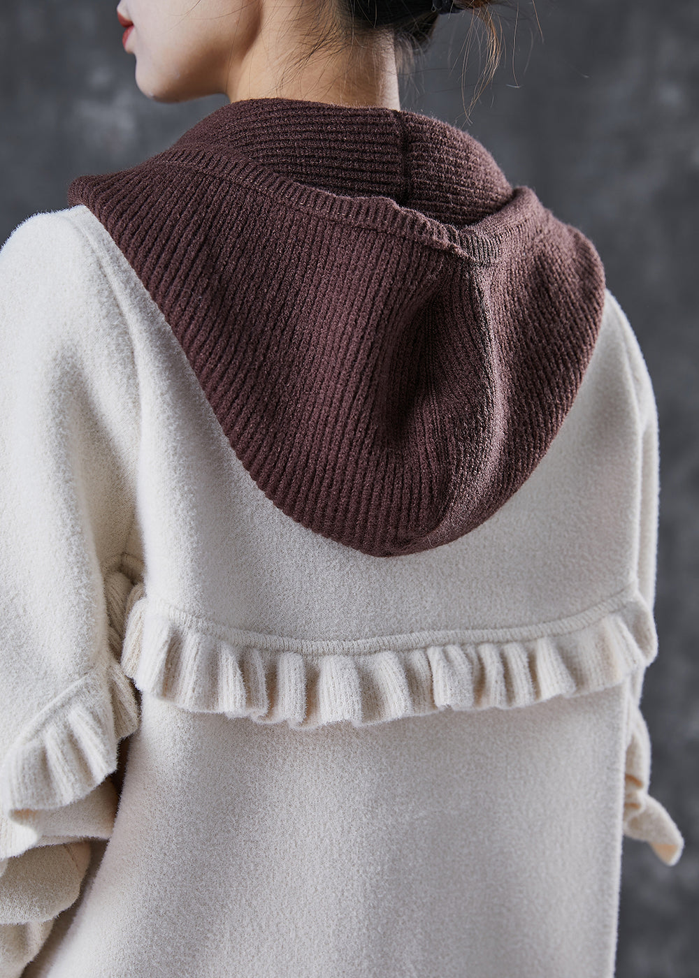 White Hooded Patchwork Ruffled Woolen Coats Spring