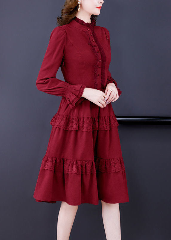 Pink Ruffled Lace Patchwork Exra Large Hem Silk Velour Dress Spring