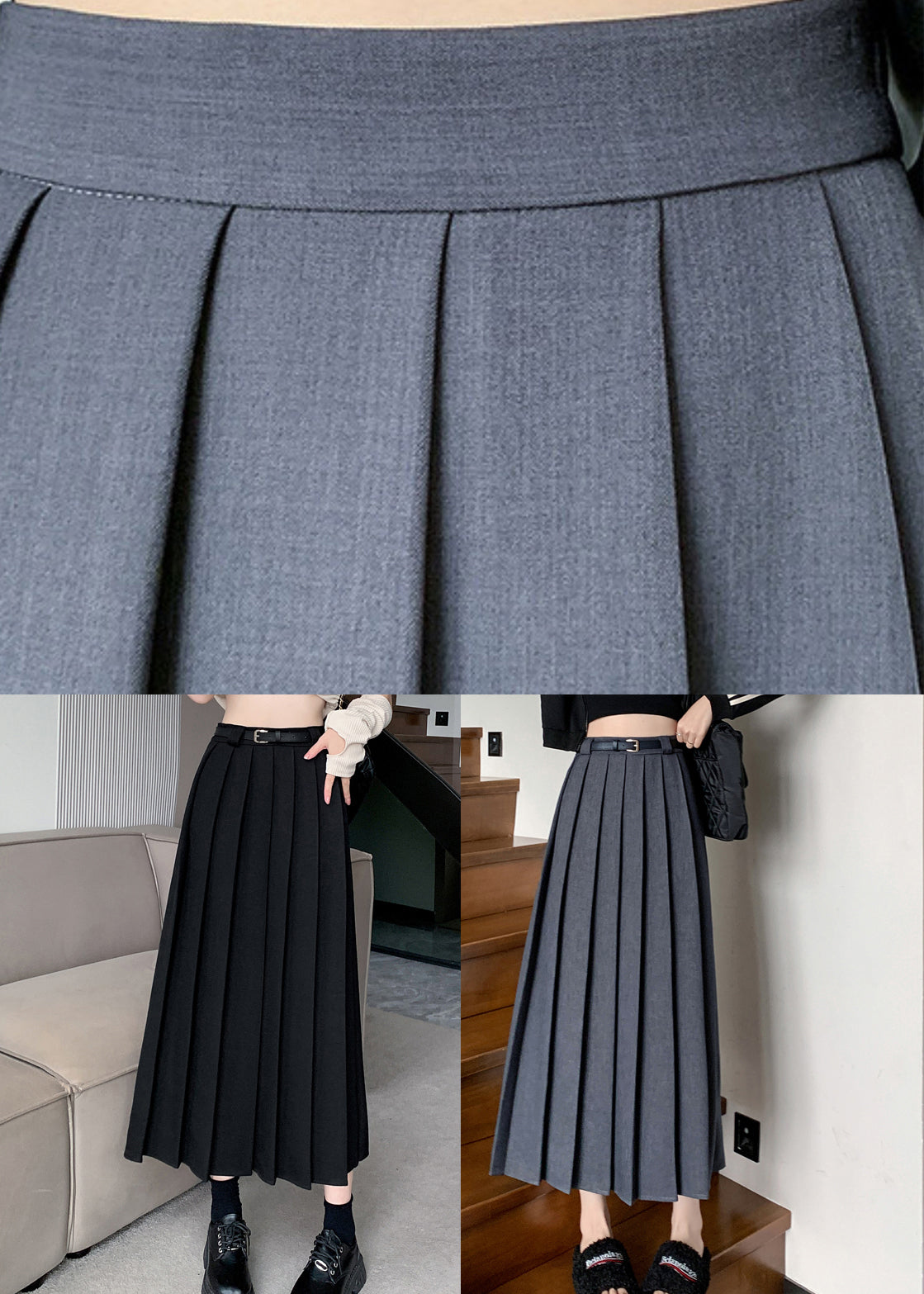 Dark Grey Patchwork Draping Pleated Skirt Fall