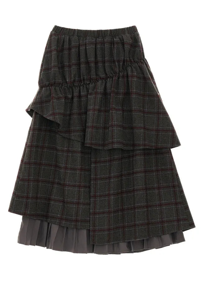 Grey Plaid False Two Pieces Patchwork Cotton Skirts Fall