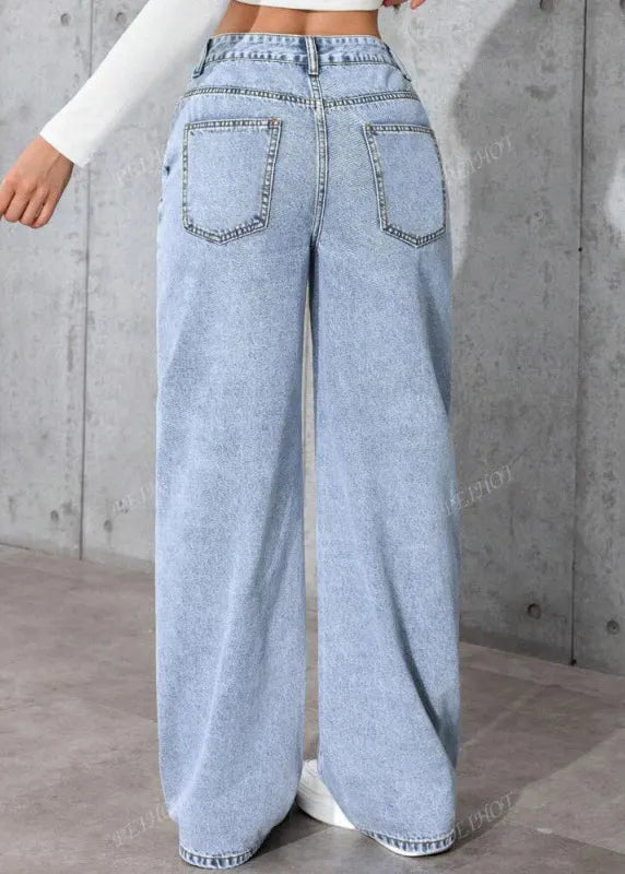 Blue Pockets Patchwork Straight Jeans Fall