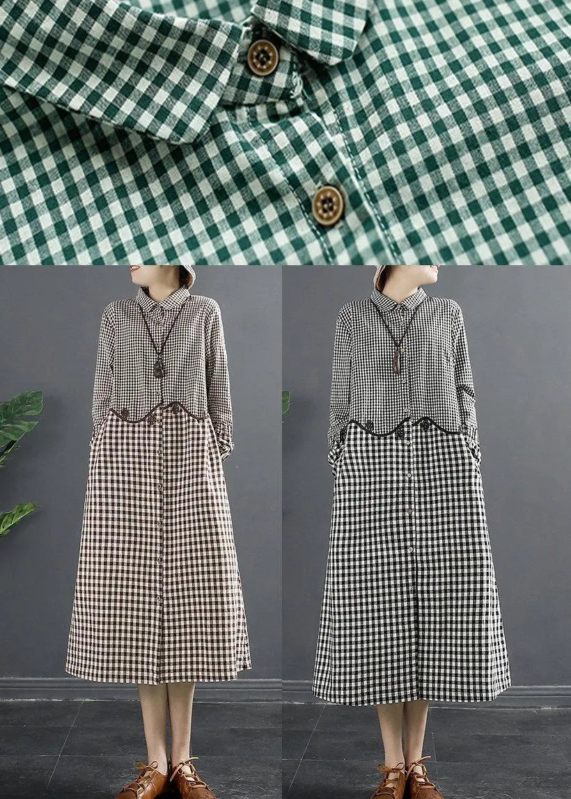 Natural Lapel Patchwork Wardrobes Work Outfits Brown Plaid Maxi Dresses