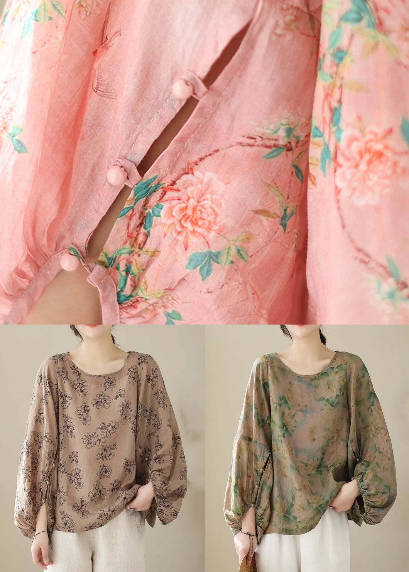 New Khaki O Neck Button Print Cotton T Shirt Spring