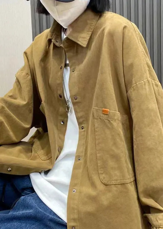 Style Khaki Button Peter Pan Collar Pockets Cotton Coat Long Sleeve