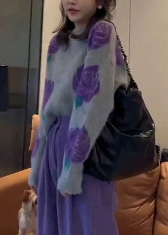Purple Print Cotton Knit Sweater and Wide Leg Pants Two Pieces Set Winter