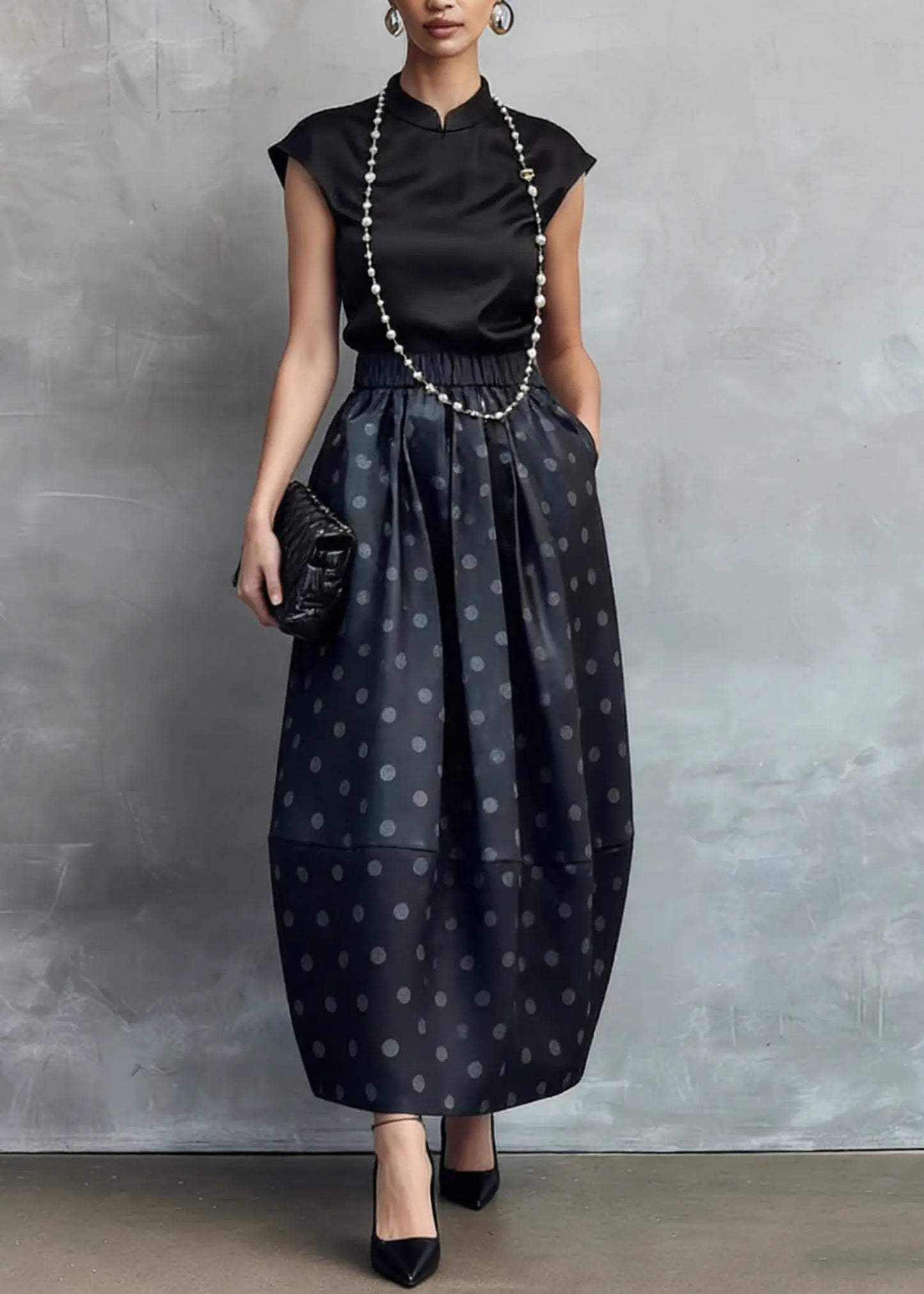 Chinese Style Black Stand Collar Shirts and Dot Skirts Silk Two Piece Set Summer